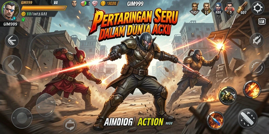 Antarmuka GIM999 menampilkan aksi seru dan karakter yang penuh energi.