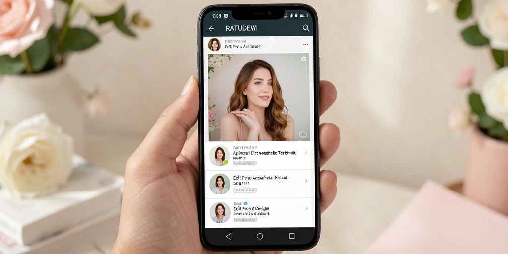 Tampilan antarmuka RATUDEWI dengan fitur Edit Foto Aesthetic yang menarik.